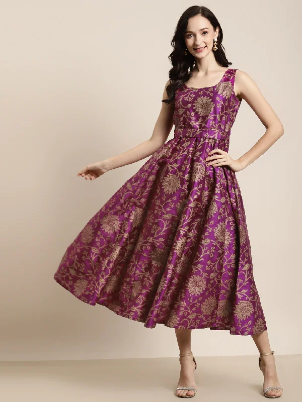 Evening women's dressesPurple Jacquard Floral Self-Belt Anarkali Maxi