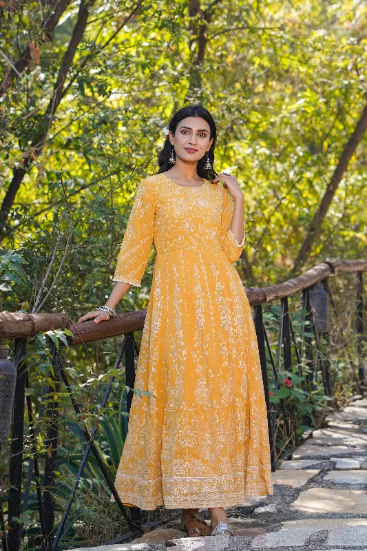 High-neck dresses for womenJuniper Yellow Floral Printed Georgette Maxi Dress With Beads Kantha Work & Sequins At Neckline