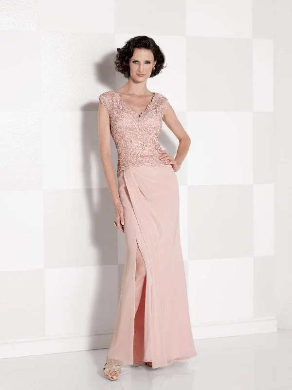 Vintage-inspired dresses for retro fashion loversCameron Blake - Lace V-Neck Bodice High Slit Gown 114666