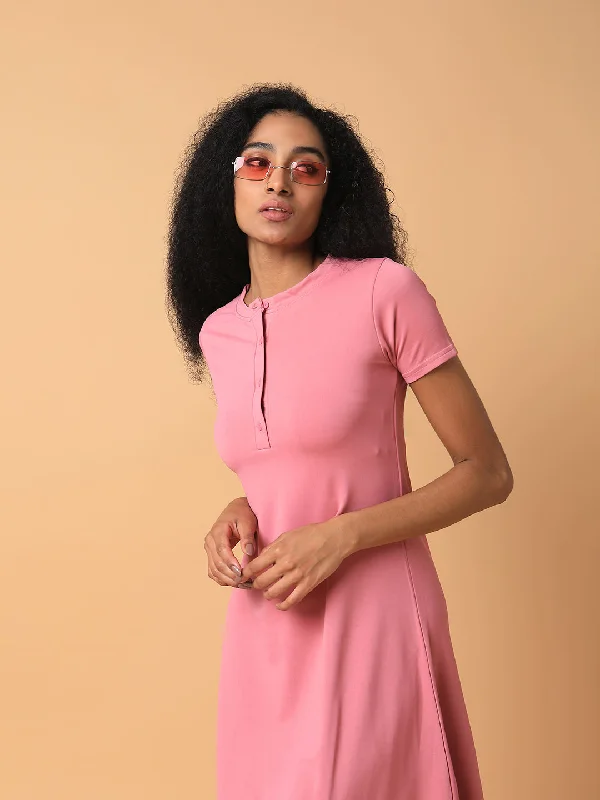 High-neck dresses for womenWomen Solid Pink Midi A-Line Dress-AE-15890-Pink