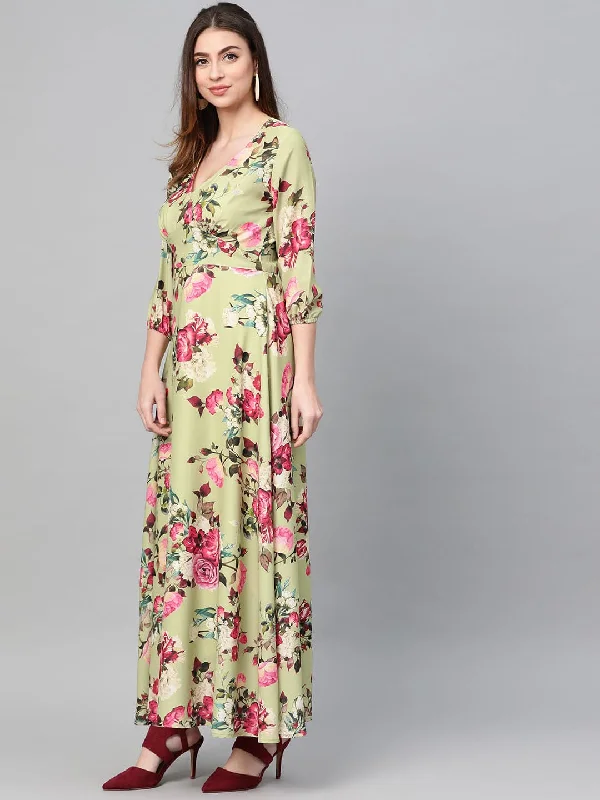 Backless dresses for womenGreen Floral Flared Maxi Dress