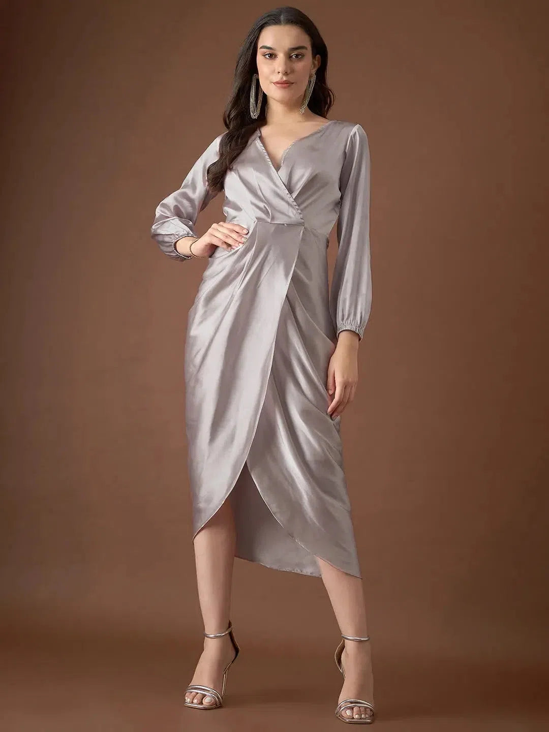 Evening women's dressesOverlap neck Tulip midi Dress in Silver Color