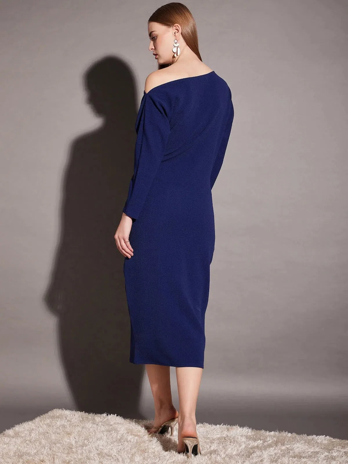 High-low hem dresses for womenDrop shoulder fitted midi dress in Blue Color