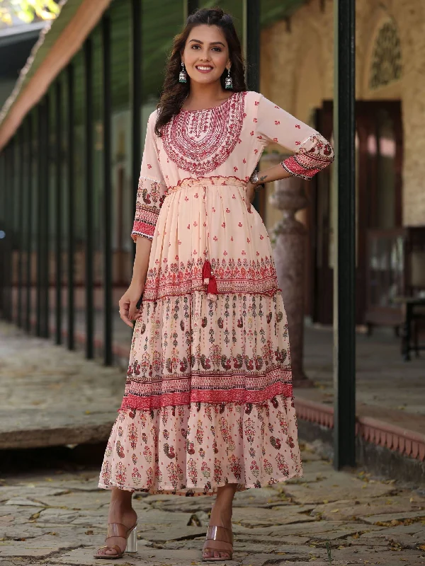 Fit-and-flare dresses for womenJuniper  Peach Ethnic Motif Printed Georgette Tiered Maxi Dress With Thread Embroidery