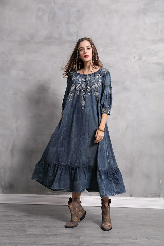 High-low hem dresses for women3/4 SLEEVE RUFFLE HEM  DENIM MAXI DRESS