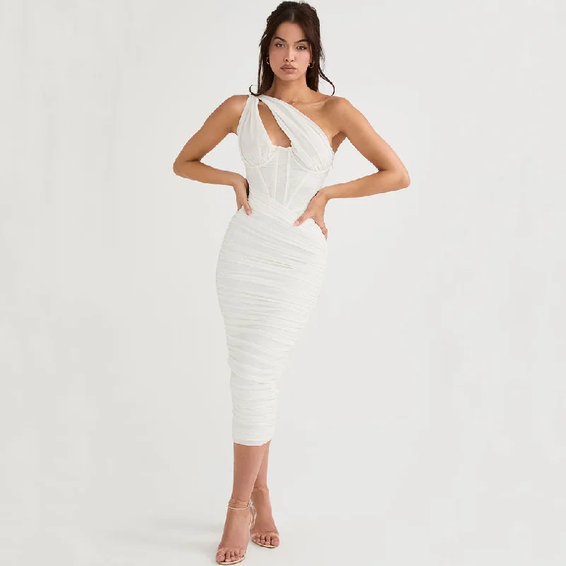 Maxi dresses for womenAsymmetric One Shoulder Cutout Ruched Corset Mesh Midi Dress - White