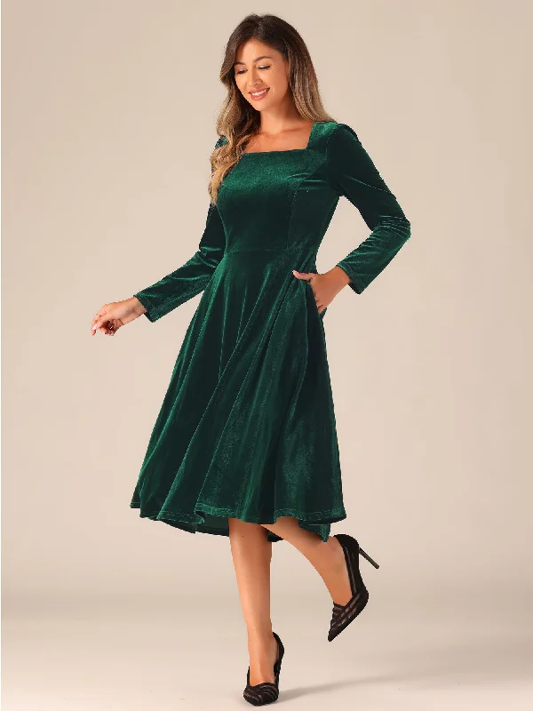 Off-the-shoulder dresses for womenPocketed Long Sleeve Velvet Square Neck Midi A-Line Dress