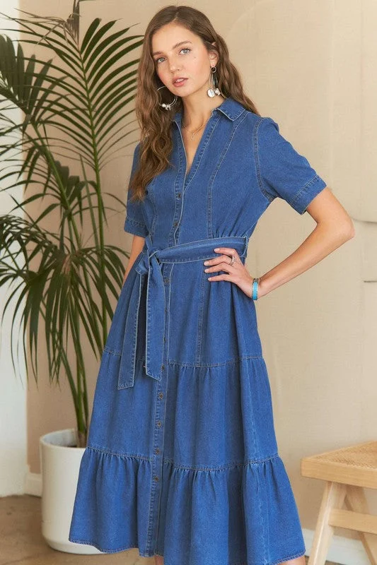 Light wash jeans with rips and tears for a casual vibeADORA Tiered Button Down Tie Waist Short Sleeve Denim Dress