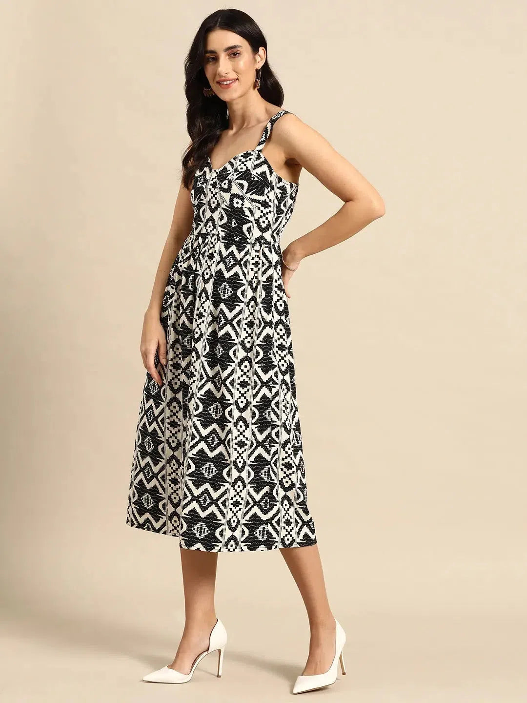 Handmade dresses for unique fashion statementsCorset Top Midi Dress in Black and Cream Ikkat Print