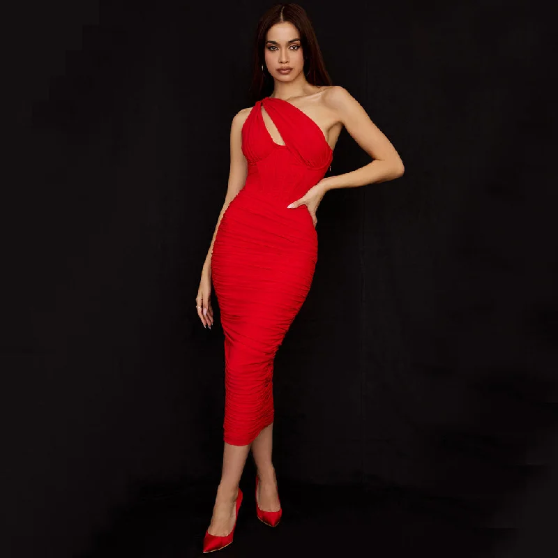 Fit-and-flare dresses for womenAsymmetric One Shoulder Cutout Ruched Corset Mesh Midi Dress - Red