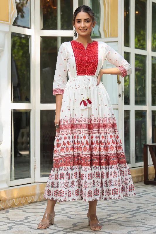 Embroidered dresses for womenJuniper Maroon Ethnic Motif Printed Pure Cotton Tiered Maxi Dress With Sequins & Thread Work Embroidery