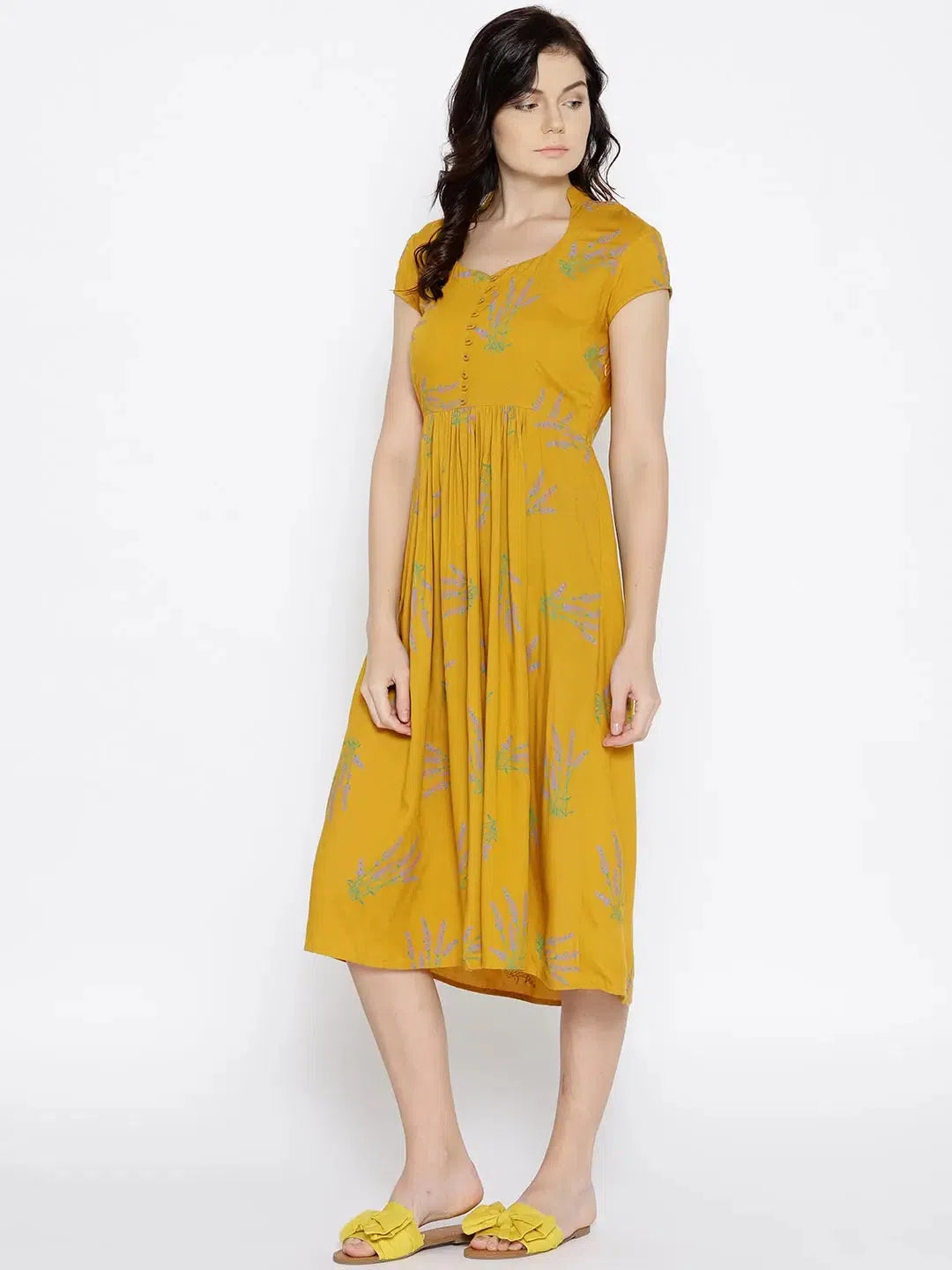 Striped dresses for womenMidi pleated dress with lavender print on Mustard