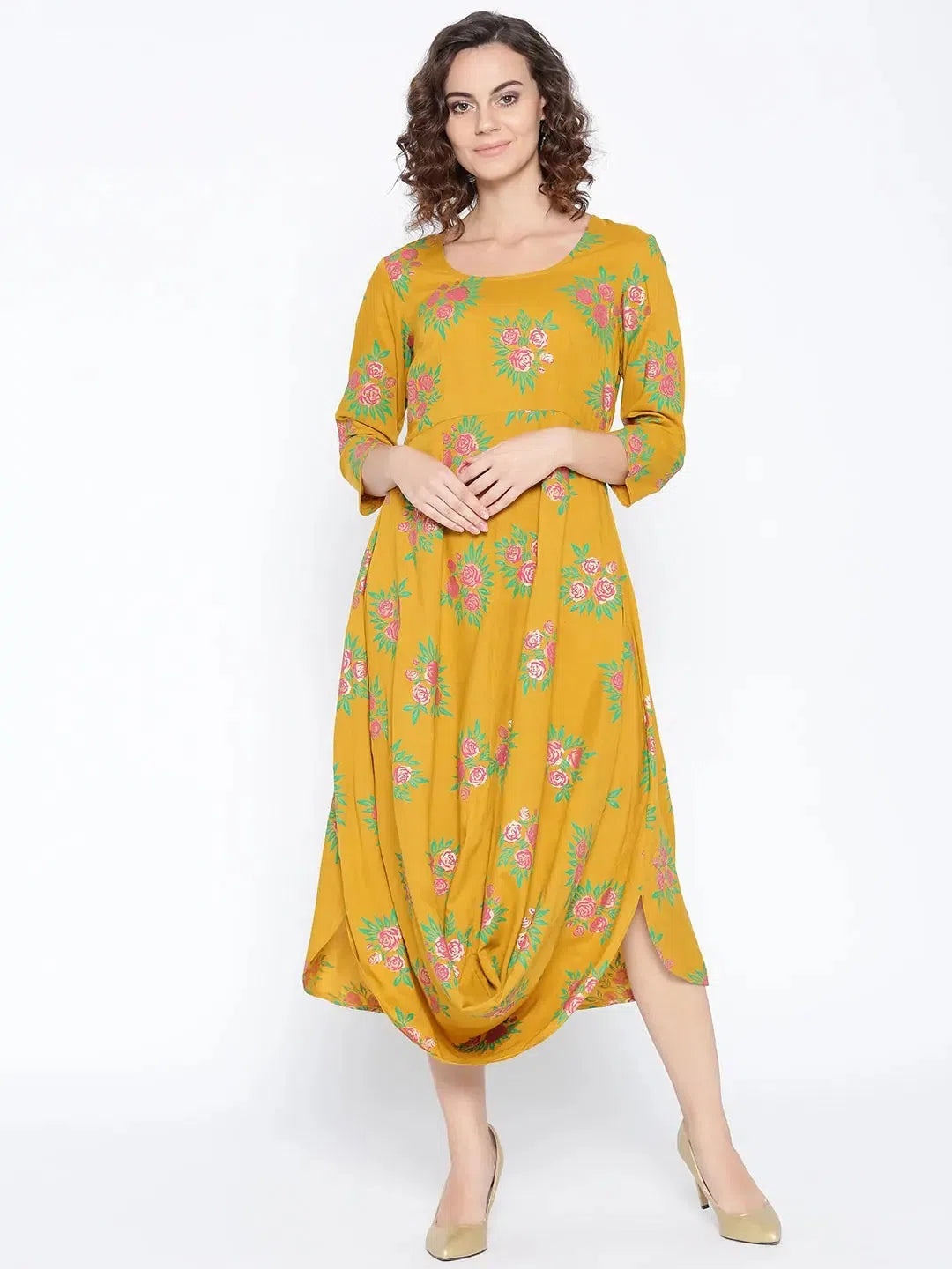 Lace dresses for womenFront Cowl Midi Dress with Rose print in Mustard