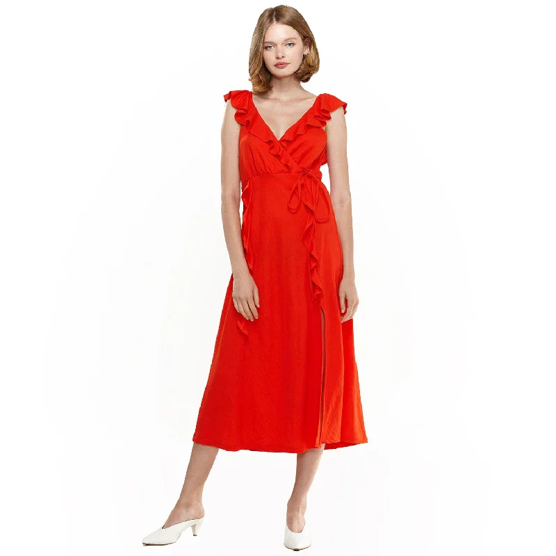 Sweetheart neckline dresses for womenWomen's Ruffle Trim Wrapped Maxi Dress in Red