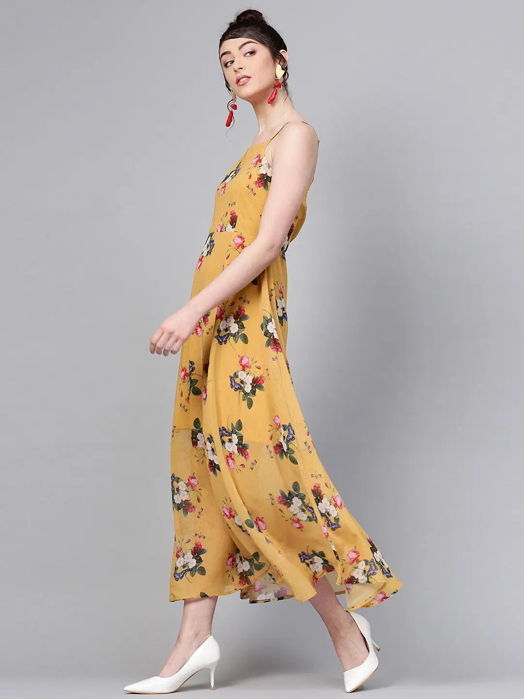 Little red dresses (LRDs) for womenMustard Floral Strappy Flared Maxi