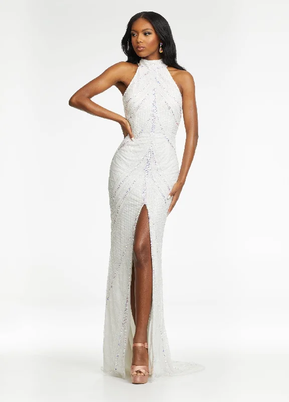 Cap sleeve dresses for womenAshley Lauren - 11177 Beaded Halter Gown with Slit