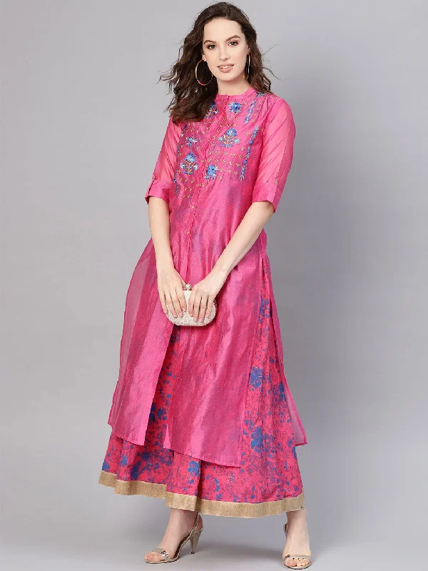 Velvet dresses for womenJuniper Fuchsia Chanderi Ethnic Motif Printed Layered Maxi Dress With Thread Work Embroidery