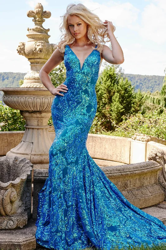 Sheath dresses for womenJovani 08646 - Sequin Motif V-Neck Prom Dress