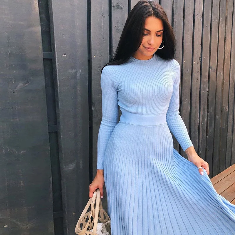 Mother-of-the-bride dressesRibbed Long Sleeve High Neck Knit Pleated Midi Sweater Dress - Blue