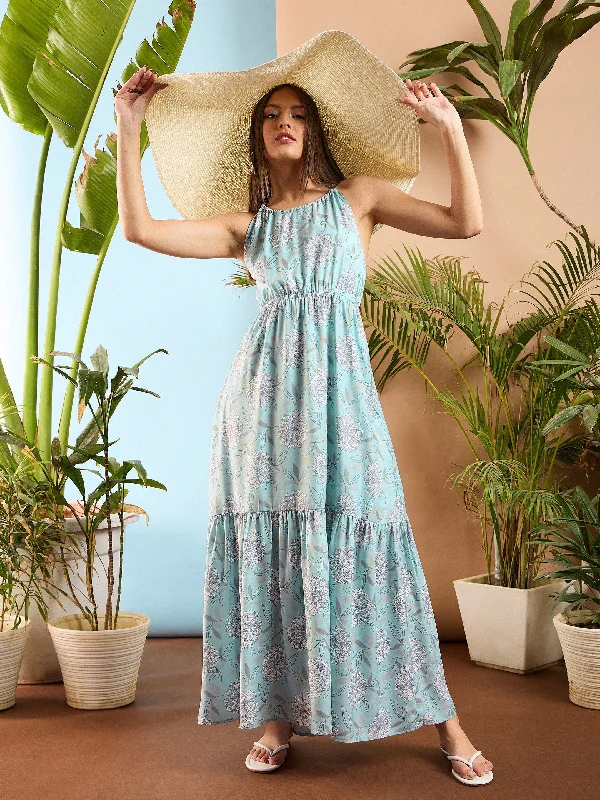 Synthetic dresses for budget-friendly optionsWomen Blue Floral Back Less Maxi Dress