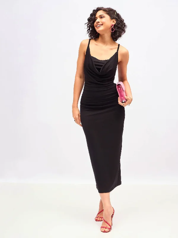 Cotton dresses for everyday wearWomen Black Cowl Neck Bodycon Maxi Dress