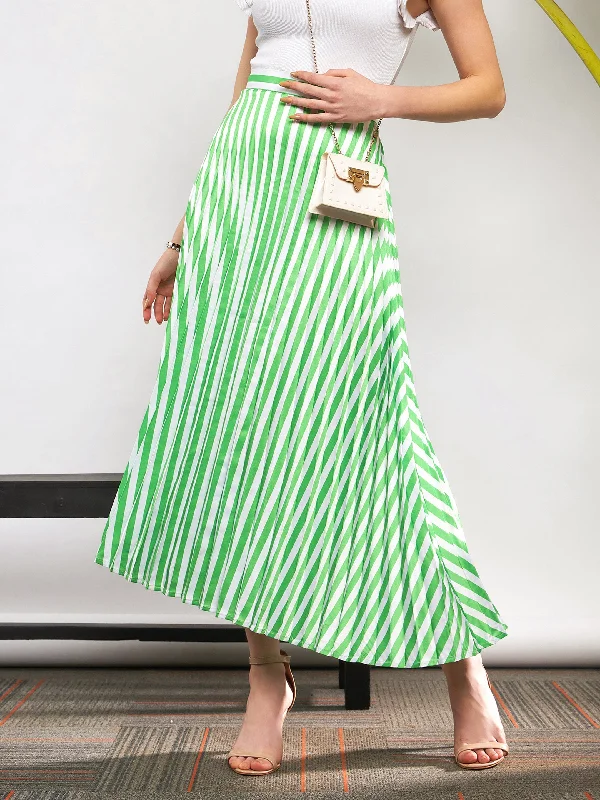 Linen dresses for summerWomen Green & White Satin Striped Accordion Pleated Maxi Skirt