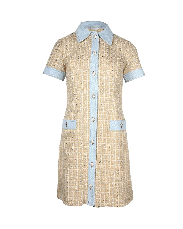 Sleeveless dresses for womenSandro Paris Mella Denim Paneled Tweed Mini Dress in Beige Cotton