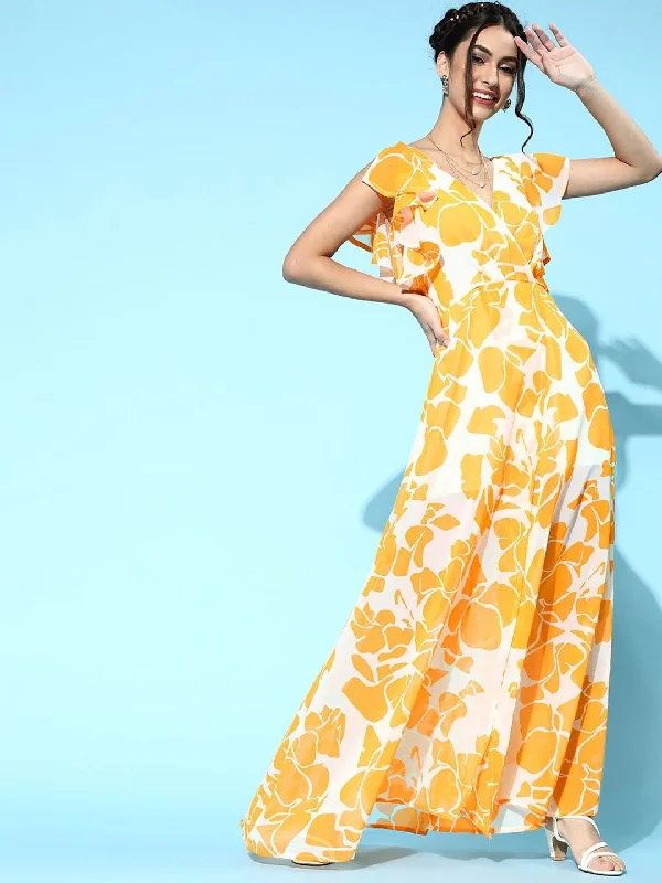 Off-the-shoulder dresses for womenMustard Floral Frill Sleeve Maxi