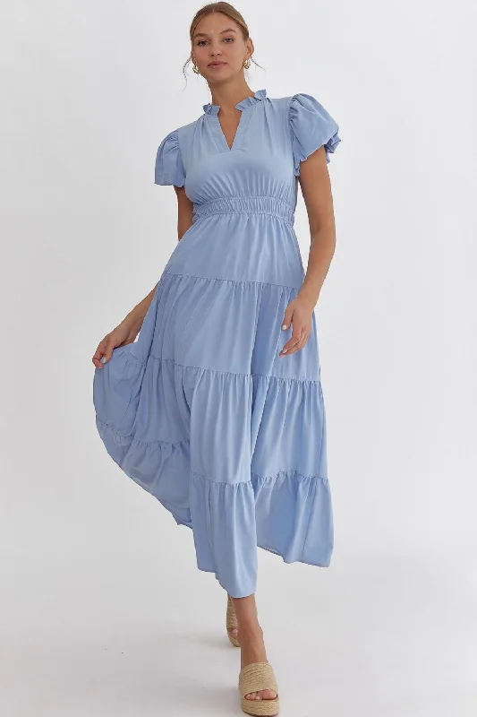 Ruched dresses for womenV-Neck Bubble Sleeve Tiered Midi Dress