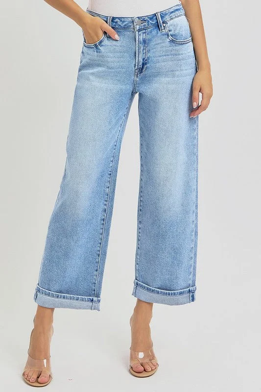 Jeans with a distressed and bleached finish for a unique and casual appearanceRISEN Full Size Ankle Wide Leg Cuffed Jeans Plus Size