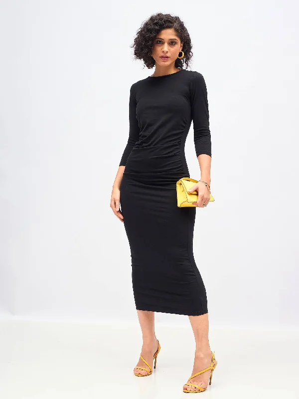 Synthetic dresses for budget-friendly optionsWomen Black Waist Ruched Bodycon Maxi Dress