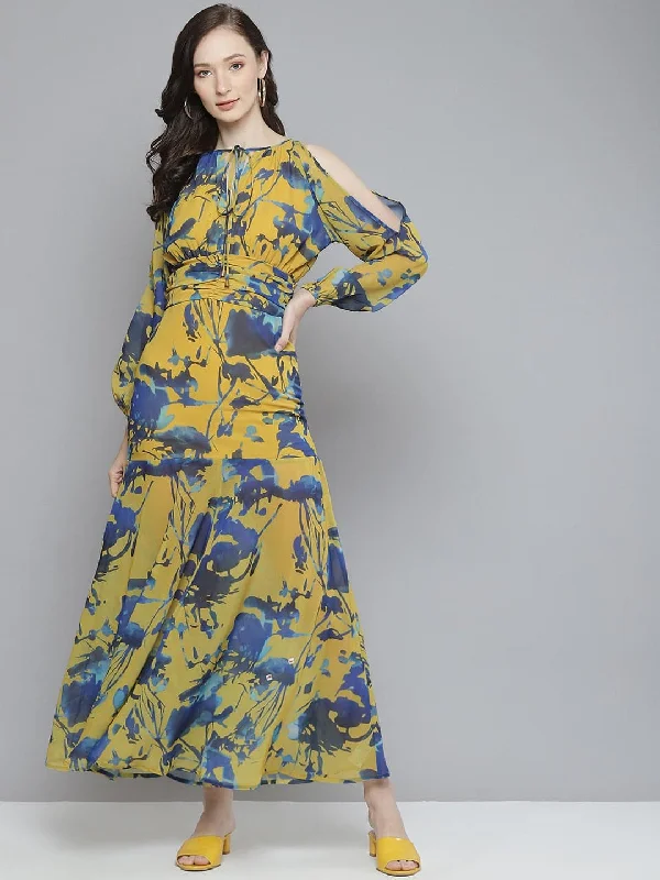 Patterned dresses for womenWomen Mustard & Blue Floral Cold Shoulder Maxi