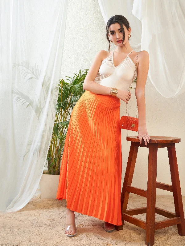 Leather dresses for womenWomen Orange Satin Accordion Pleated Maxi Skirt