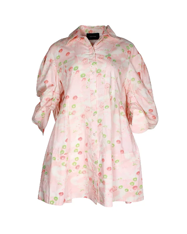 One-shoulder dresses for womenSimone Rocha Floral-Print Signature Sleeve Mini Shirt Dress in Pink Cotton