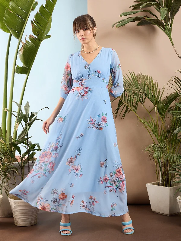 Plunging neckline dresses for womenPale Blue Floral Flared Maxi Dress