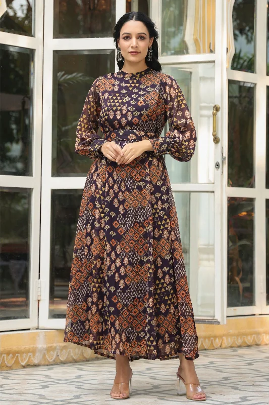 Maxi dresses for womenJuniper Black Ethnic Motif Printed Chiffon Flared Maxi Dress With Buttons.