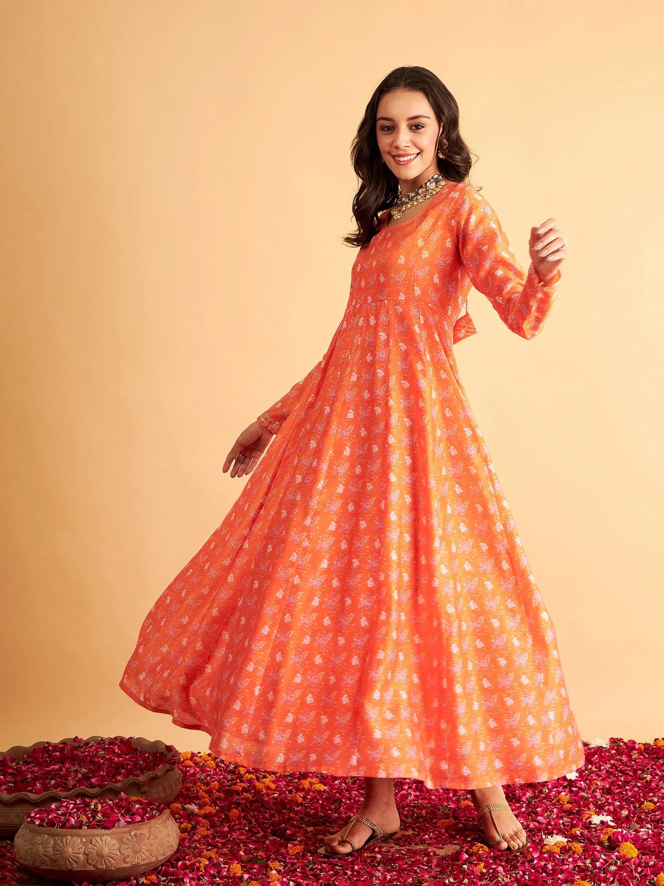 Winter dresses for cold weatherWomen Orange Floral Round Neck Anarkali Maxi Dress