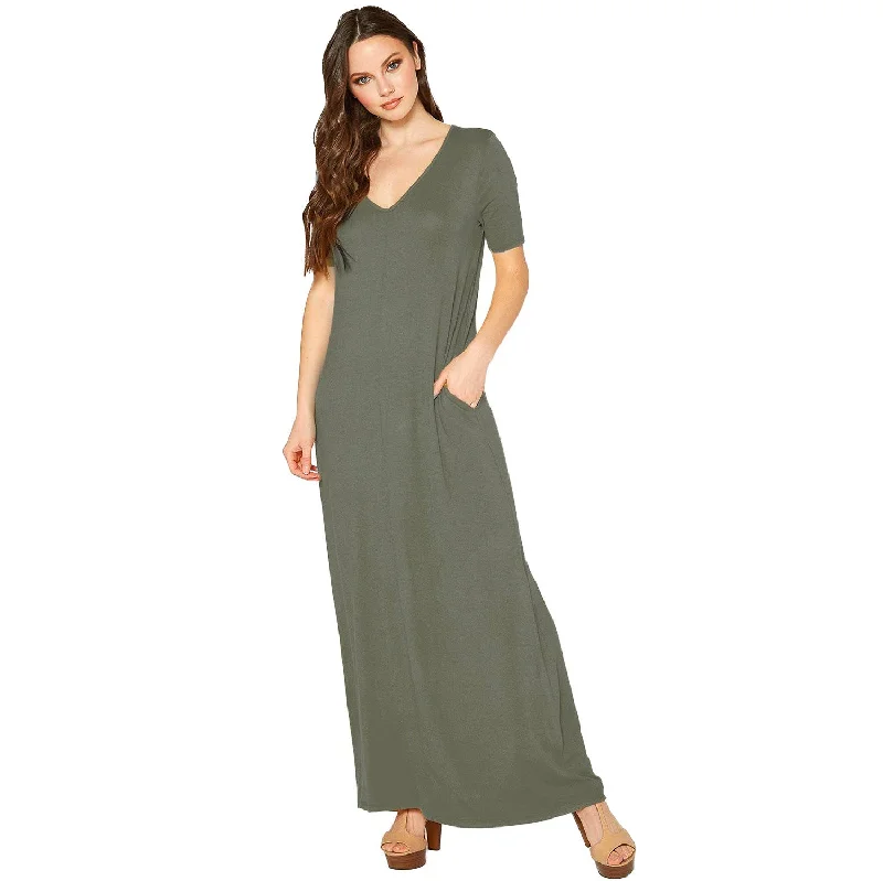 Sleeveless dresses for womenV-neck Short Sleeve Maxi Dress With Pockets