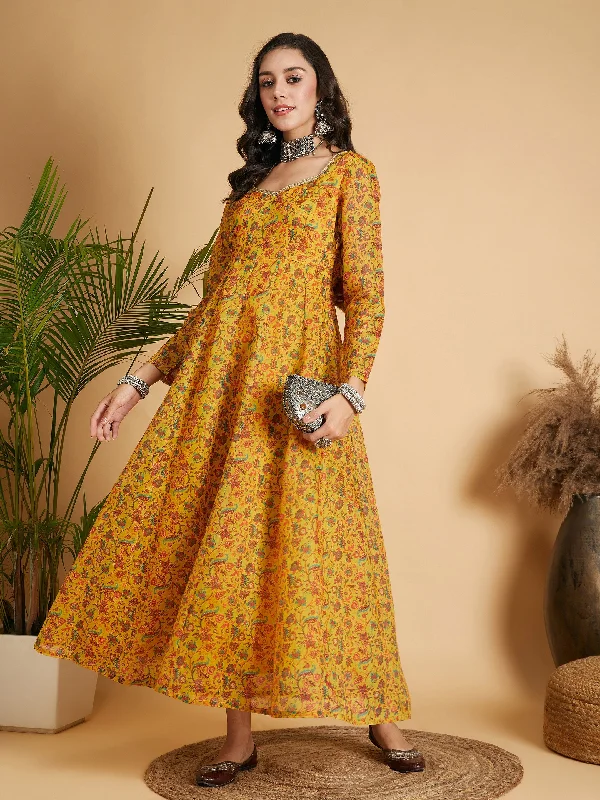 Sustainable dresses for eco-conscious womenWomen Mustard Floral Anarkali Maxi Dress