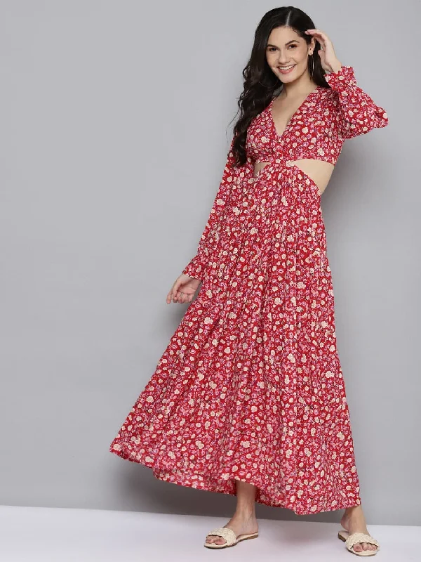 Checkered dresses for womenWomen Red Ditsy Floral Waist Cut-Out Maxi Dress