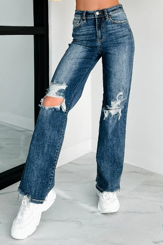 Jeans with a faux leather patch at the back pocketHagan Judy Blue High Waist 90's Distress Straight Leg Jeans (Dark)