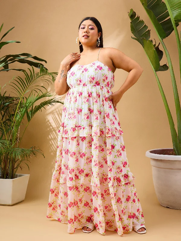 Statement dresses for making a fashion statementWomen White & Pink Floral Strappy Maxi Dress