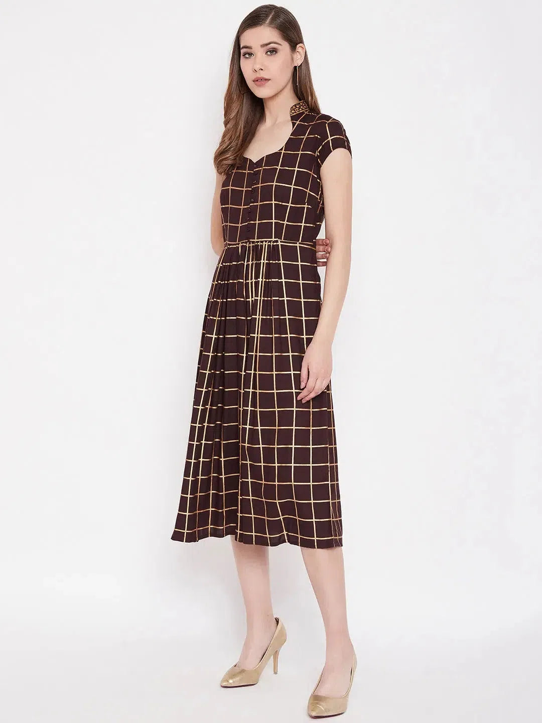 Backless dresses for womenMidi Flare Dress with front loops in Brown