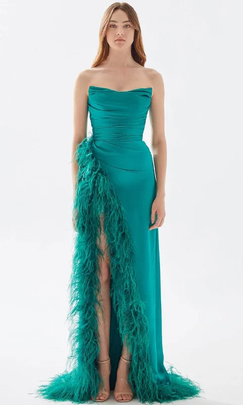 Ruched dresses for womenTarik Ediz 52004 - Strapless Feathered Slit Prom Gown