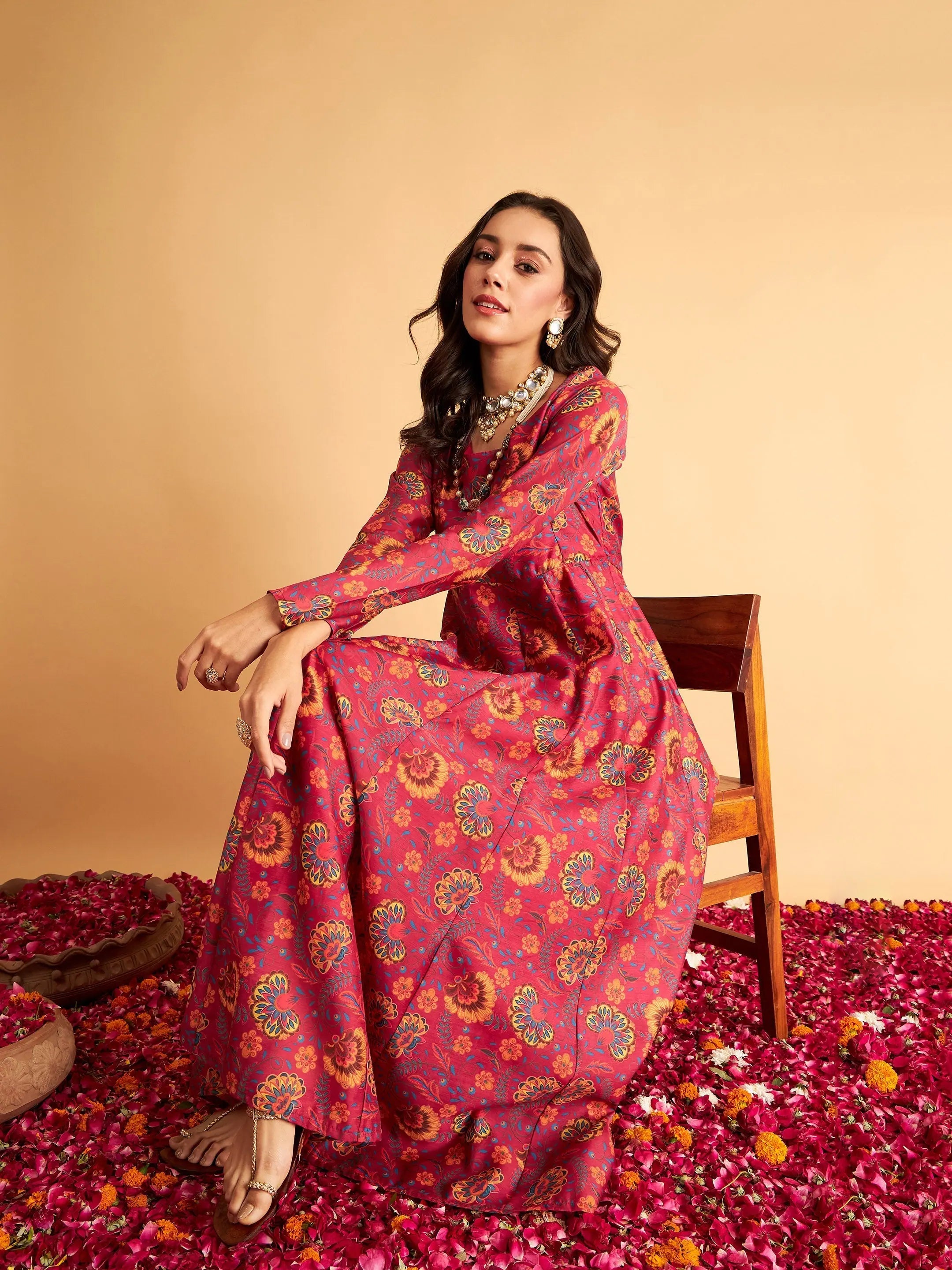 Sustainable dresses for eco-conscious womenWomen Fuchsia Floral Anarkali Maxi Dress