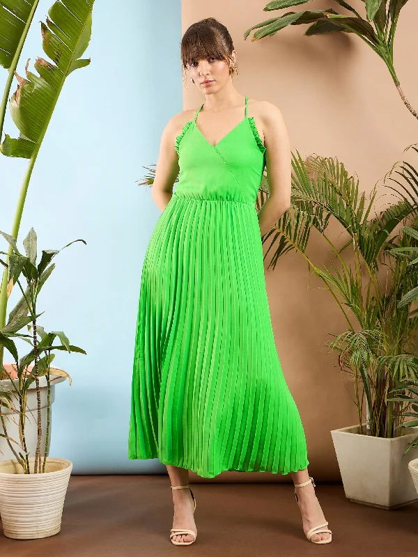 Bell sleeve dresses for womenWomen Green Strappy Pleated Maxi Dress