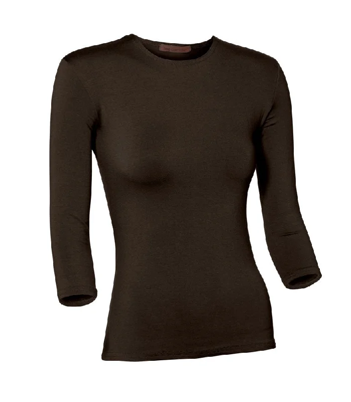 sheer lingerie with lace appliqués on the bustPB&J Ladies Lycra 3/4 Sleeve Shell - Brown