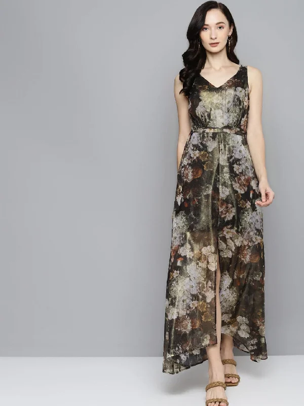 Halter dresses for womenGreen Floral Chiffon V-Neck Belted Maxi