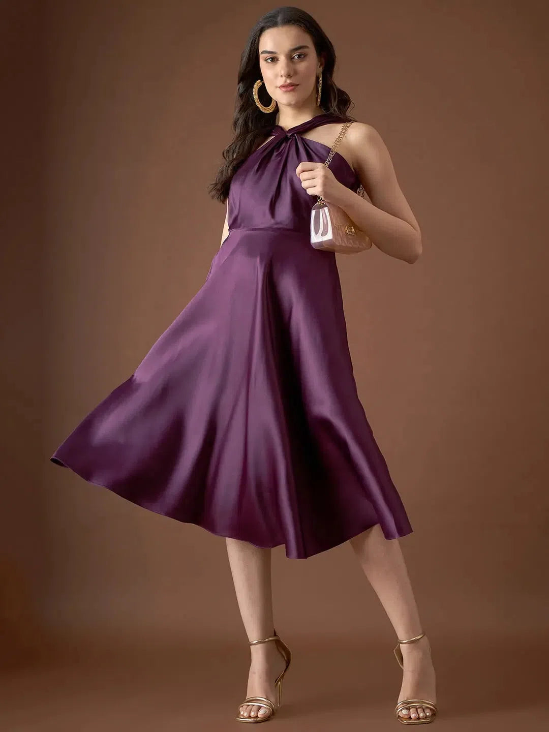 Women's casual dressesDraped neck midi dress in Purple Color