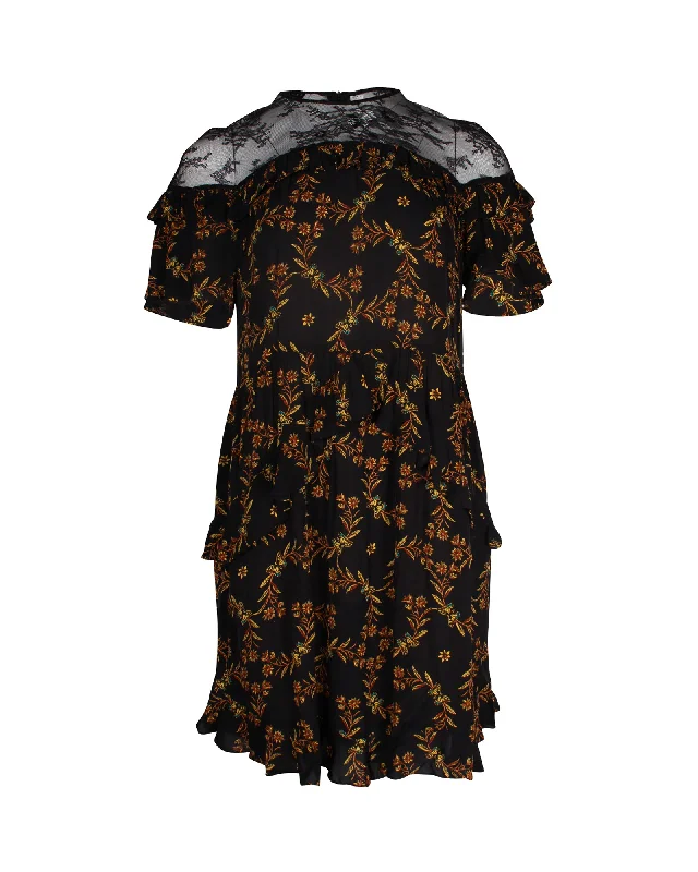 Satin dresses for womenSandro Alderic Ruffled Floral-Print Mini Dress in Black Viscose